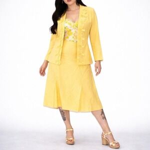 Vintage Y2k Yellow Linen Skirt Suit Set Womens L Pastel Trumpet Skirt Bow Ruffle